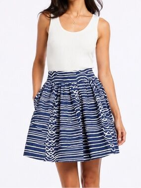 Maeve Anthropologie Blue White Geometric Pleated Cotton Skirt Size 0